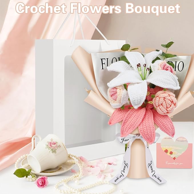 Crochet Flowers Crochet Flower Bouquet with Greeting Card Finished Crocheted Flowers Handmade Roses & Lily Bouquet for Mother's Day Valentines Day Birthday Graduation Gift Home Decor (Sakura Pink)