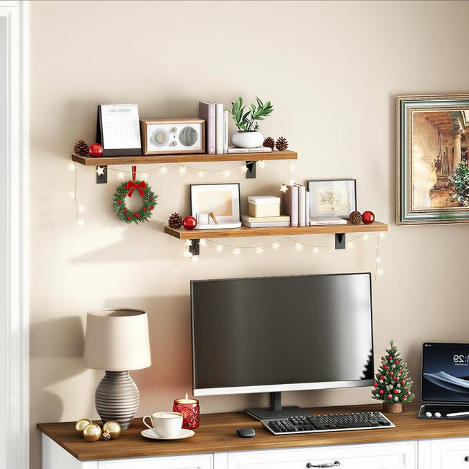 HOOBRO Floating Shelves for Wall, 23.6" Wall Mounted Shelves Set of 2, Hanging Storage Shelf with Metal Brackets, Wooden Shelf for Living Room, Bedroom, Bathroom, Rustic Brown and Black BF62BJP201G1