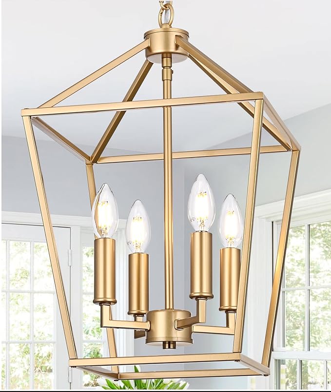 MELUCEE 4-Light Gold Farmhouse Chandelier Iron Lantern Pendant Light Rustic Cage Hanging Light Fixtures Industrial Foyer Lights for Kitchen Island Dining Room Hallway Foyer Entryway, E12 Base