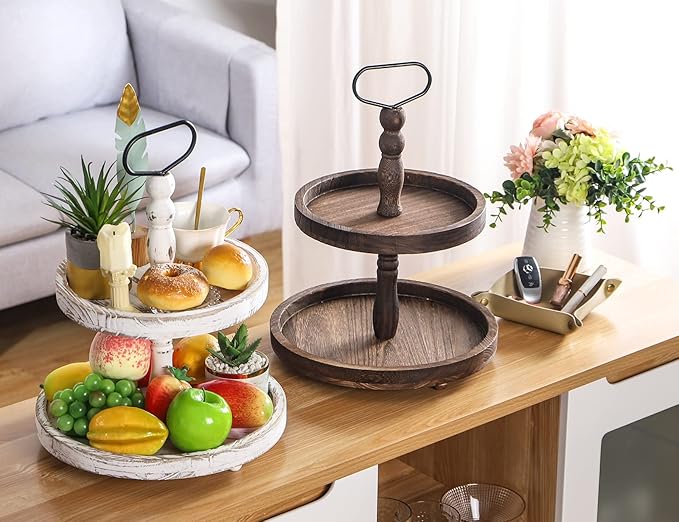 Farmhouse Wooden Decorative Two Tiered Trays+ Pu Leather Tray,Wood 2 Tier Serving Tray Stand for Rustic Table Centerpiece,Kitchen Decor,Coffee Bar, or Cupcake Stand (Brown)