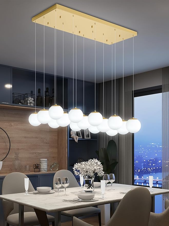 16-Light Gold Chandelier with White Globe Glass Dimmable Ceiling Light Glass Pendant Light for Kitchen Island, Dining Room, Living Room, Entry Hallway