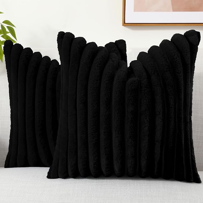 decorUhome Faux Fur Christmas Throw Pillow Covers 22x22 Set of 2, Decorative Soft Plush Striped Neutral Couch Euro Pillow Covers with Velvet Back for Sofa, Bed, Living Room Home Decor, Black