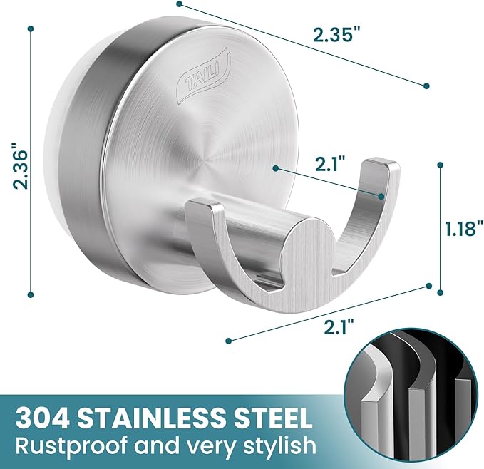 TAILI 304 Stainless Steel Bathroom Suction Hooks for Towel, Bathrobe, Loofah, Patented Strong Suction Cup Holder, No Damage Hanging Glass Shower Wall Hook, Double-Hook Sleek Design, 2 Pack, Silver
