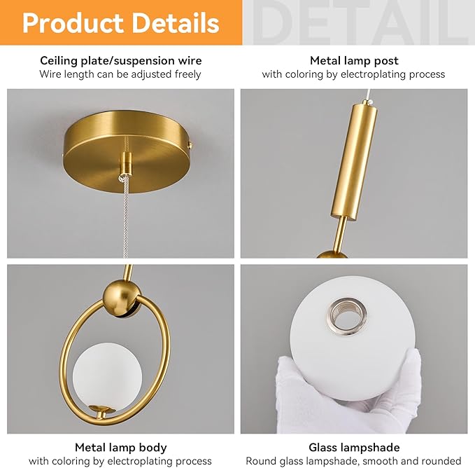 Modern Globe Glass Pendant Light fixtures 1-Light, Simplicity Gold Pendant Lighting, Mid Century Chandelier for Kitchen Island Dining Room Bedroom Entryway Hallway(2-Pack)