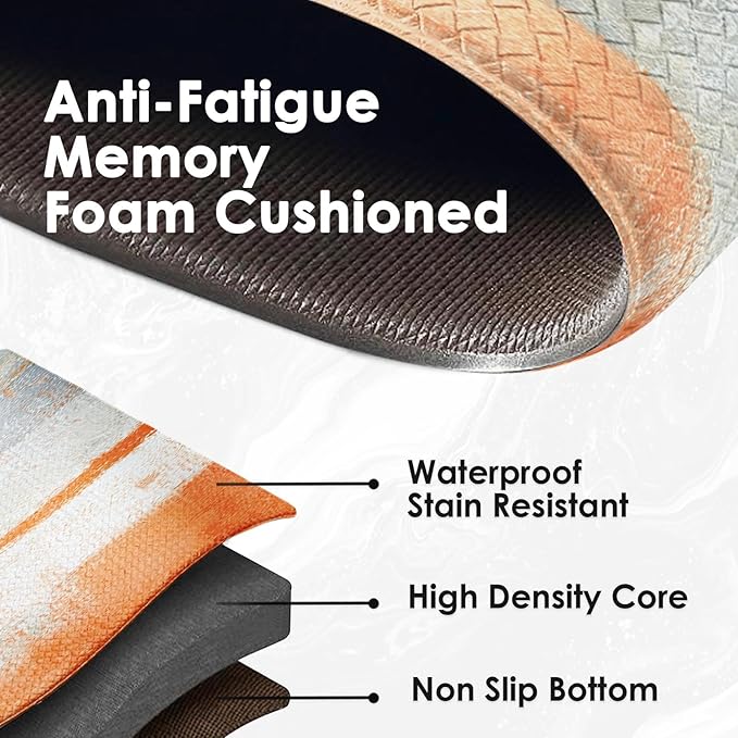 Arttown Orange Grey Anti-Fatigue Kitchen Rug Set of 2 Abstract Cushioned Floor Standing Mat Waterproof Non-Slip Mat and PVC Ergonomic Comfort Foam Rug