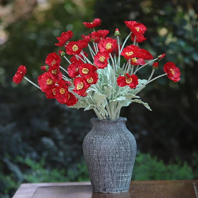 12PCS Red Poppy Flowers Artificial 23" Real Touch Stems Faux Poppies Silk Flowers for Home Decor Indoor (Red)