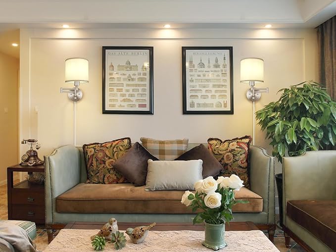 Plug in Wall Sconces with Remote Control, Dimming & Adjustable Colors 2700K-6500K, Hardwire or Plug-in, Swing Arm Wall Lamp with White Fabric Shade, Wall Sconces Set of Two, Brushed Nickel Finish