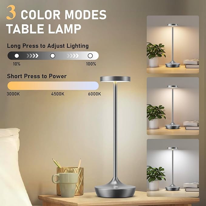 2 Pack LED Cordless Table Lamp Rechargeable，Outdoor Battery Operated Desk Lamp Touch 3 Color Dimming Portable Waterproof Night Light for Patio/Restaurant/Dining/Home (Chrome)