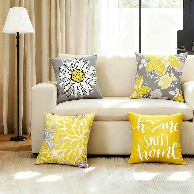 Decorative Throw Pillow Covers Set of 4 Yellow Pillow Covers 20x20 inch Throw Pillow Cases Linen Square Pillow Case,Farmhouse Outdoor Modern Boho Pillow Covers for Couch Sofa Living Room