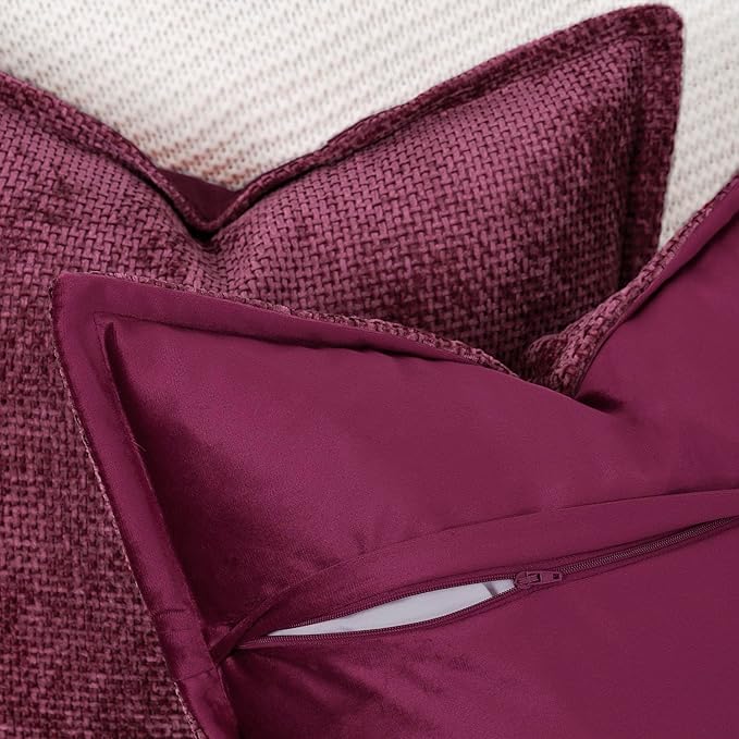 MADIZZ Chenille Velvet Throw Pillow Covers with Flange Set of 2 Super Soft Boho Textured Pillow Covers Decorative Throw Pillowcases Modern Farmhouse Home Decor for Sofa Bedroom Burgundy 20x20 Inch