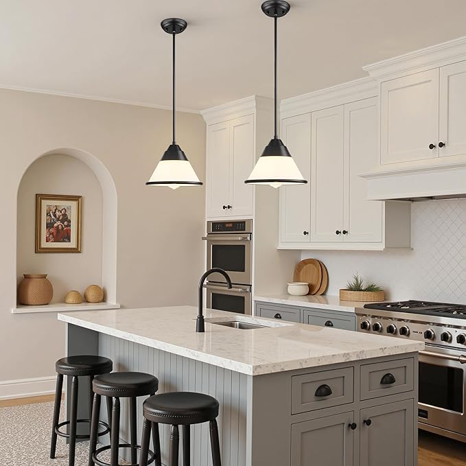 9.4" Black Pendant Light, Adjustable Hanging Light Fixture with Milk Glass Shade, Vintage Farmhouse Kitchen Island Lighting for Dining Room, Hallway, Entryway