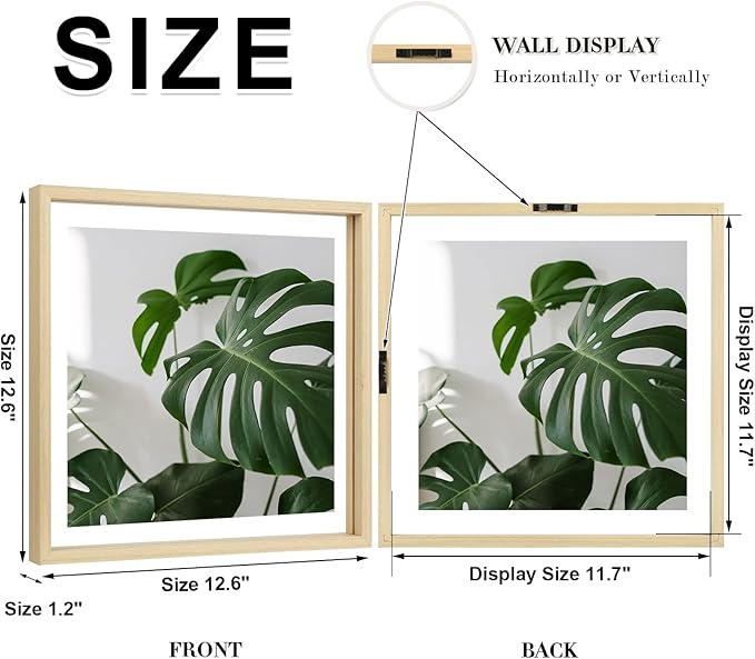 Egofine 12x12 Floating Frames Set of 2, Double Plexiglass Picture Frame, Made of Solid Wood Display Any Size Photo up to 12x12, Wall Mount or Tabletop Standing,Natural Wood