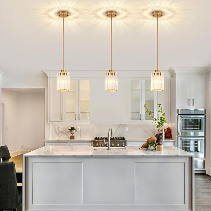 3 Pack Pendant Lights Kitchen Island, Modern Gold Crystal Pendant Light Fixtures Over Island, Mini Chandelier Hanging Pendant Lights for Kitchen Hallway Dining Room Bedroom