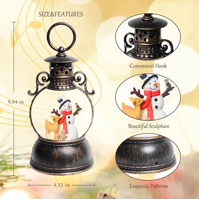 Christmas Snow Globes Lantern, Christmas Table Decorations with 8 Songs, 6H Timer, Battery & USB Powered Glitter Christmas Music Box Home Decor