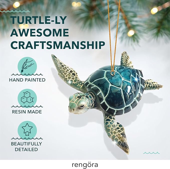 Christmas Ornaments - Home Decor - Unique Nautical Christmas Ornament Hand-Painted Blue Sea Turtle - Best for Tree Hanging, Bathroom Decorations, Stocking Stuffers, Scuba Lovers and Ocean Enthusiasts