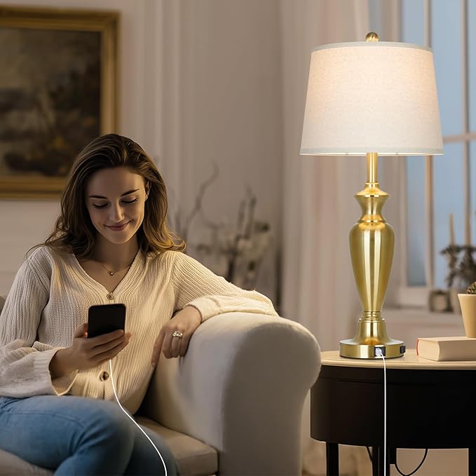 30" Tall Gold Table Lamps Set of 2 for Living Room, Touch Control Bedside Lamps for Nightstand, 3-Way Dimmable Bedroom Table Lamp with USB A+C Ports and AC Outlet (2 LED Bulbs Included)