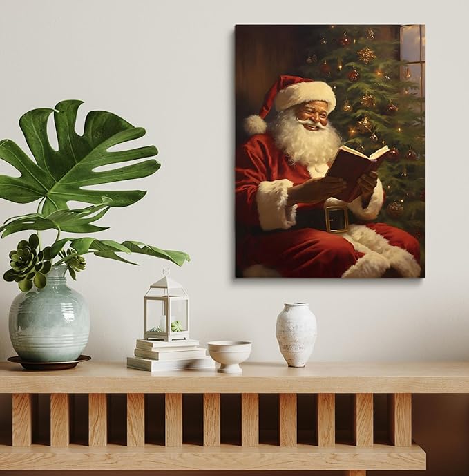 Christmas African American Santa Poster,Christmas Oil Painting Black Santa Reading Print,Vintage Black Santa Print,Christmas Reading Room Library Study Room Decor24x36inch Framed Art