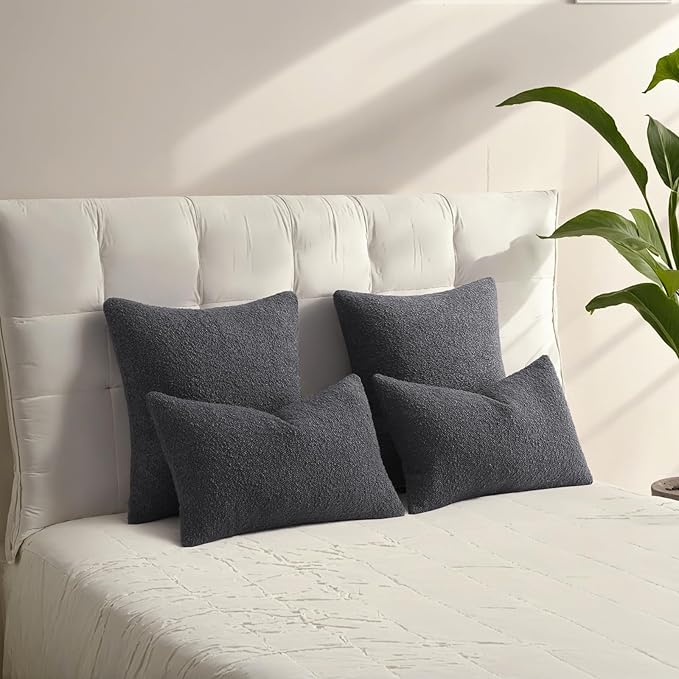 HAUSSY Set of 2 16x16 Decorative Throw Pillow Covers, Soft Cozy Textured Boucle Couch Cases, Home Decor for Couch Bed Living Room, Dark Grey