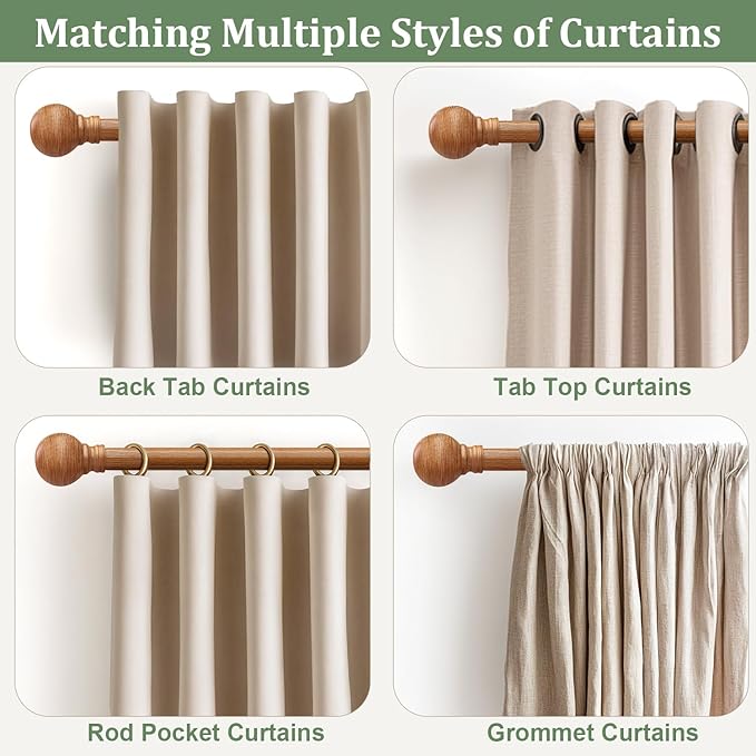 Boho Wood Curtain Rods for Windows 66 to 120 inch 1" Diameter Adjustable Large Long Expandable Heavy Duty Window Rod with Brackets Decorative Wooden Curtain Rod for Living Room Bedroom Kitchen