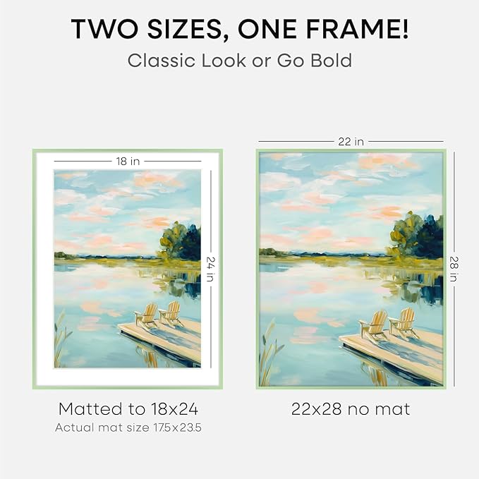 Homeforia 22x28 Sage Green Picture Frame, High End Metal 22x28 Poster Frames with Mat 18x24 inch Photo, 22 x 28 Thin Frame Matted to 18 x 24 Art, 28x22 Large Frames, Tempered Glass, Wall Kit, Set of 2