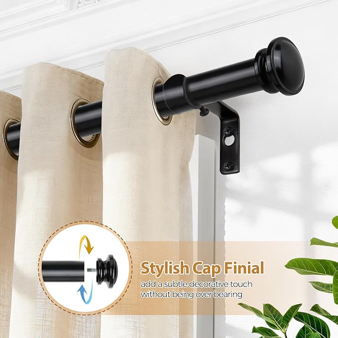 TONIAL Curtain Rod 32 to 115 Inch(2.6-9.6ft), Telescoping Splicing Drapery Rods for Windows 83 to 110 Inch(6.9-9.1ft), Decorative 3/4 Single Rod with Small Cap Finial, Black