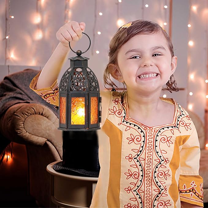 DECORKEY Decorative Moroccan Candle Lantern,9’’ Metal Hanging&Tabletop Lantern Candle Holder Decor, Halloween Christmas Ramadan Decorations for Home Indoor Outdoor Patio (Amber)