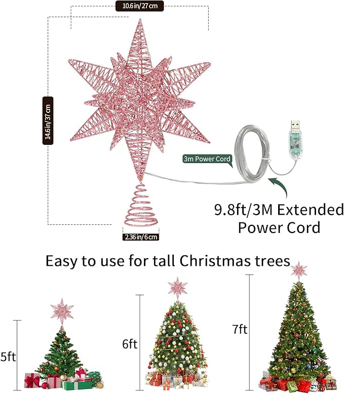 Lewondr Christmas Star Tree Topper, USB Powered Remote Controlled 11 Inch Multilayer Hexagonal Tree Topper Christmas Decor with 8 Light Modes for Home Holiday Xmas, Timer Function, Warm, Pink