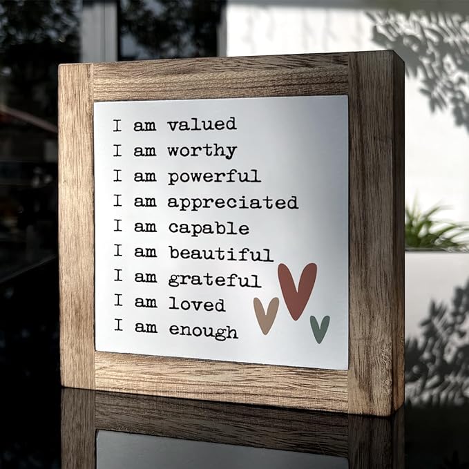 Inspirational Positive Wood Block Sign, Desk Decorations for Home Women Girl Room Office, Shelf Table Decor Art, Mental Health Gift for Women Men Self, I am Valued Worthy Powerful Signs D841