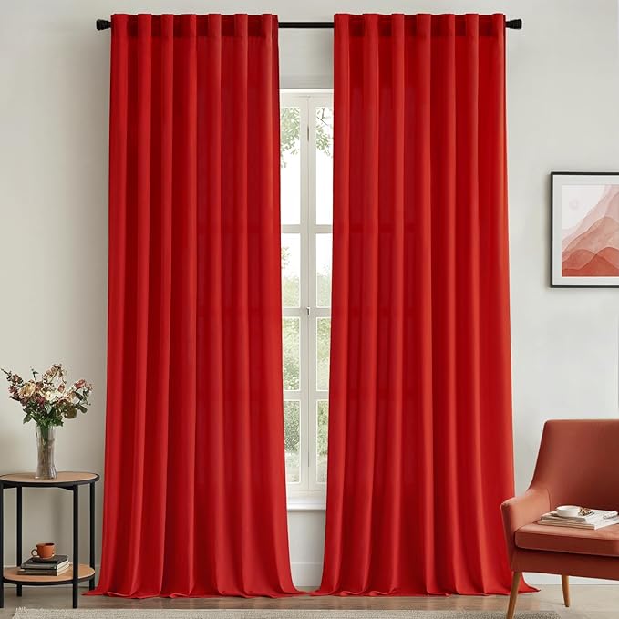 EMEMA Privacy Sheer Curtains 96 Inches Long 2 Panels Set, Non-See-Through Light Filtering Semi Sheer Curtains for Bedroom Living Room, Window Drapes That Let Light in, 52x96 Inch, Red