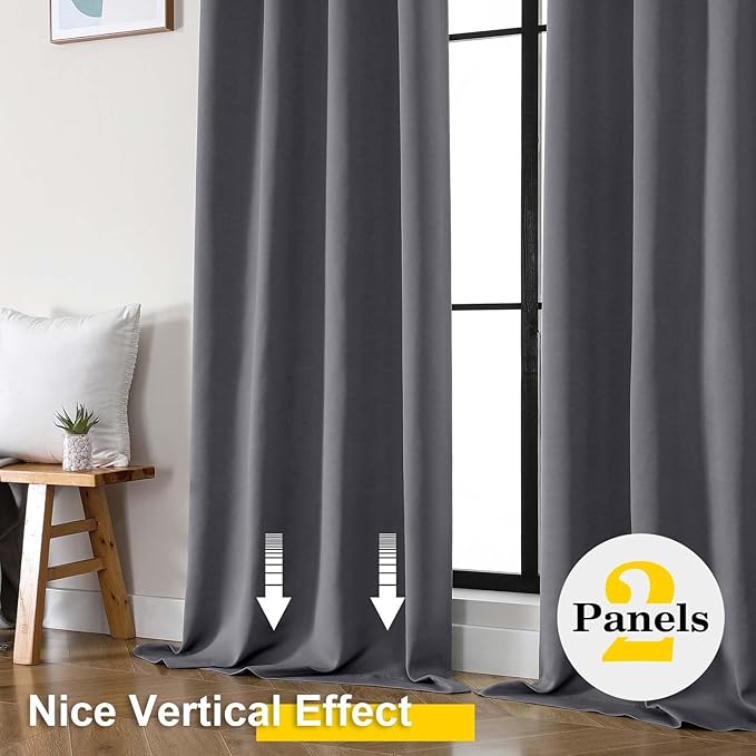 Extra Long Grey Blackout Curtains for Bedroom Living Room 108 Inches Long 2 Panels, Soft Solid Room Darkening Thermal Insulated Window Treatments, Rod Pocket Curtain, 50" Wx108 L