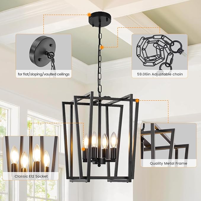 WJShome 4-Light Black Chandelier: A Must-Have Farmhouse Dining Room Light Fixture! Enjoy Modern Ceiling Lantern Pendant Style with Adjustable Height for Kitchen Island & Entryway
