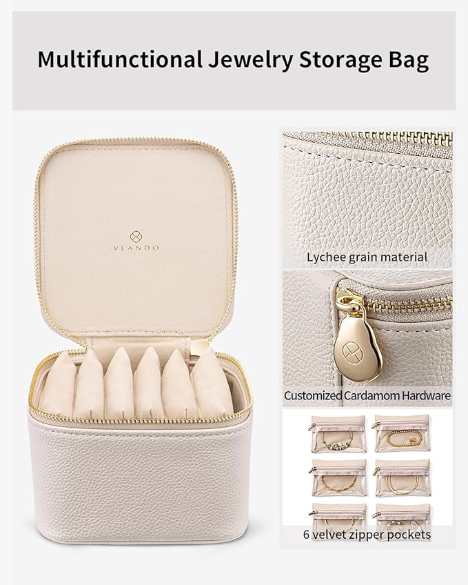 Vlando Travel Jewelry Case,Valentines Gifts,Small Jewelry Box Organizer,Travel Jewelry Storage with 6 Velvet Jewelry Zipper Pockets, Birthday Gifts for Women Girls (White)