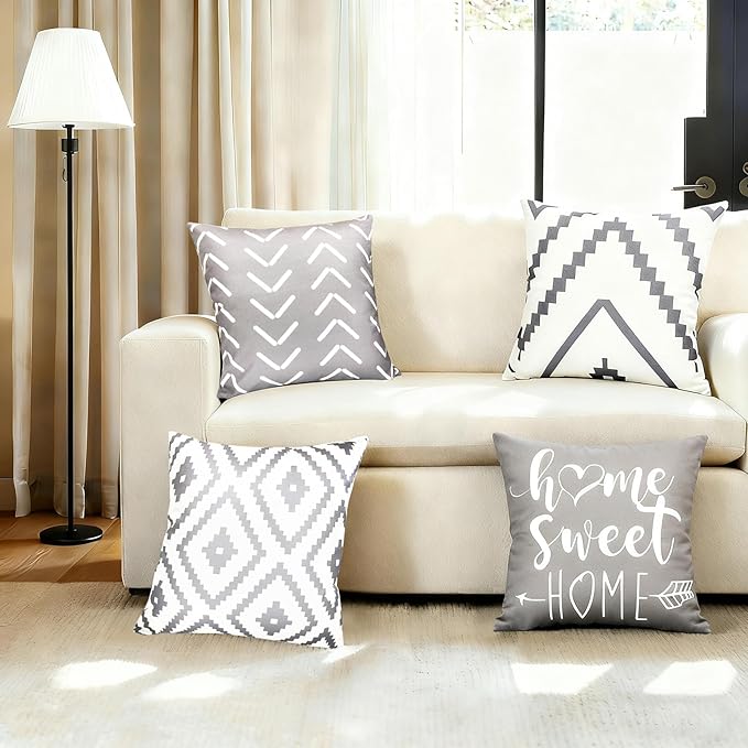 Decorative Throw Pillow Covers 16x16 inch Set of 4 Gray Pillow Covers for Couch Sofa Bed Living Room,Farmhouse Outdoor Throw Pillow Cover,Modern Geometric Linen Square Throw Pillow Case,Grey