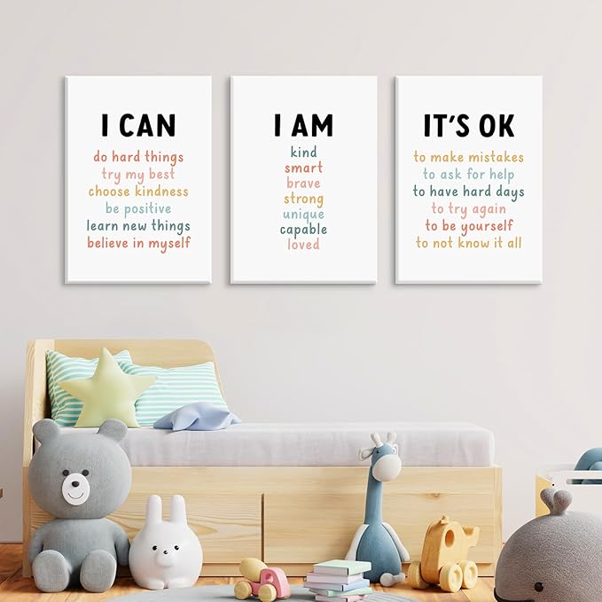 Kids Affirmation Wall Art Positive Canvas Wall Decor Inspirational Quotes Wall Art Motivational Words Pictures Daily Affirmations Poster Nursery Prints for Playroom Children Room 12x16x3 Inch Framed