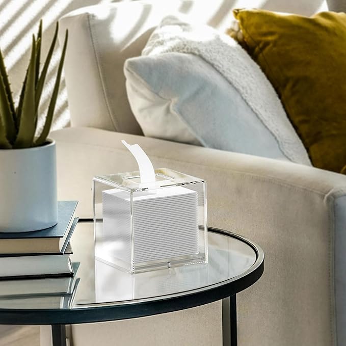 HIIMIEI Acrylic Tissue Box Cover 5.4x5.4x5.4'' Clear Tissue Holder Napkin Dispenser for Home Office Restaurant-Clear