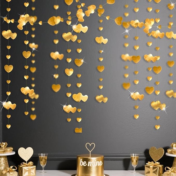 pinkblume Valentines Day Party Decorations Gold Heart Garland Hanging Streamer Banner for Anniversary Mothers Day Engagement Wedding Bridal Shower Baby Shower Bachelorette Birthday Hen Party Supplies