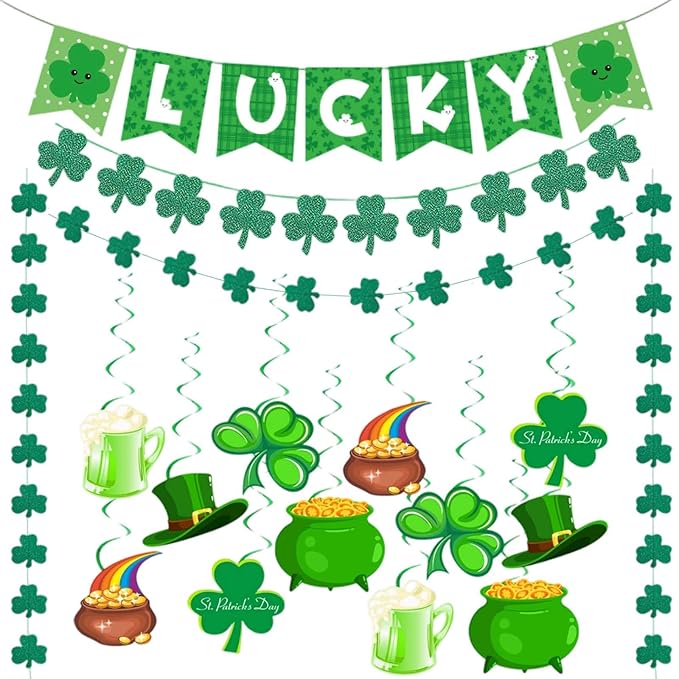 Go Ho St Patricks Day Decorations Kit, Shamrock Garlands, Lucky Banner, Clover Hanging Swirls, Irish Decor for Home Office, Green Saint Patrick's Day Party Supplies Bulletin Board