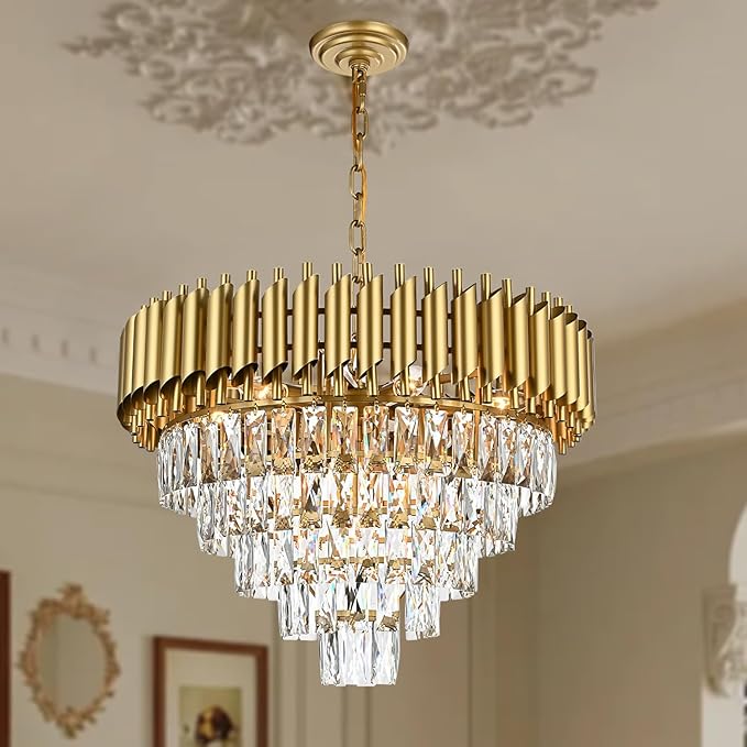 11-Light Modern Round Crystal Chandelier Lights, 5 Tiers Luxury Pendant Ceiling Light, 23.6" Crystal Chandeliers Lighting for Dining Living Room Kitchen Island Bedroom Foyer Hallway (Gold)