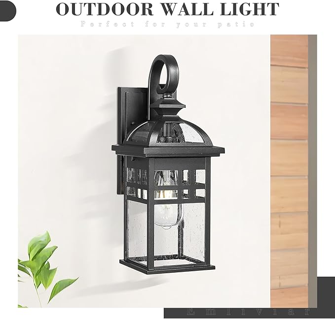 Emliviar 2 Pack Outdoor Light Fixtures Wall Mount, 15" Modern Outdoor Sconce Lights for House, Black Finish with Seeded Glass, DE281-2PK BK