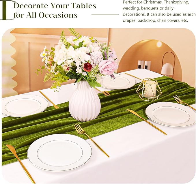 Velvet Table Runner 20 x 120 Inches 10ft Luxurious Thick Soft Velvet Christmas Thanksgiving Wedding Reception Table Runner for Party Reception Decorations(Olive Green, 6 Pack)