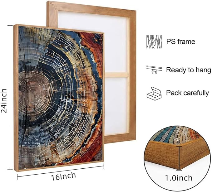 IBHJSART Framed Tree Ring Canvas Wall Art Vintage Colorful Wood Stump Painting Prints Modern Minimalist Pictures Neutral Nature Rustic Farmhouse Decor Living Room Bedroom Bathroom Office