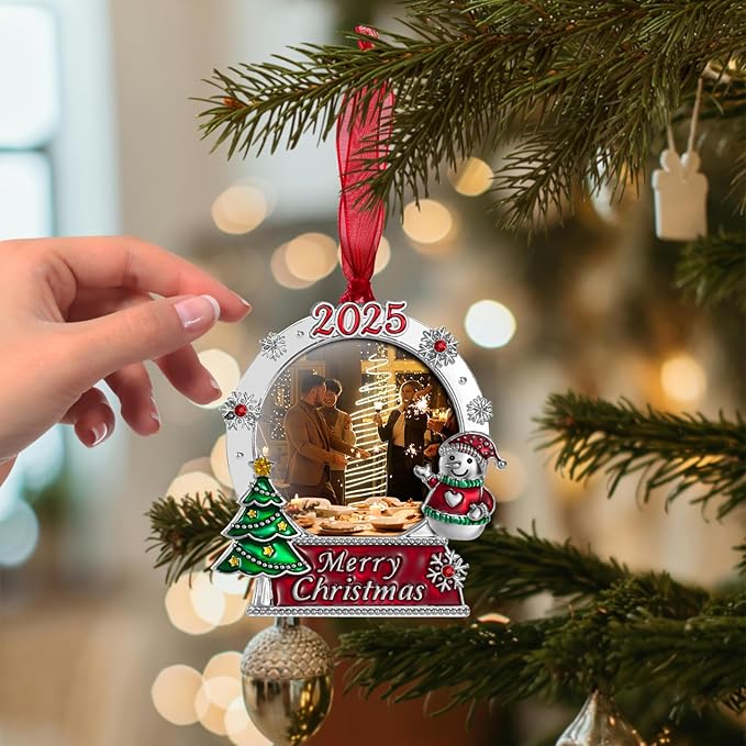 2025 Christmas Tree Ornaments Picture Frame Ornament- Made of Zinc Alloy Glitter Powder Pendant 2.5 Inch Picture Frame for Pet and Baby Holiday Keepsake Gift(Snowman,2025)