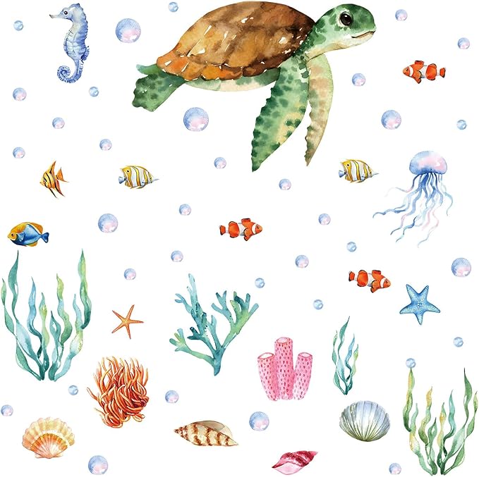 Large Summer Ocean Window Clings Decals, Watercolor Sea Turtle Jellyfish Bubbles Wall Stickers, Peel and Stick Ocean Anmial Wall Decor for Bedroom Bathroom Window School Nursery Decoration