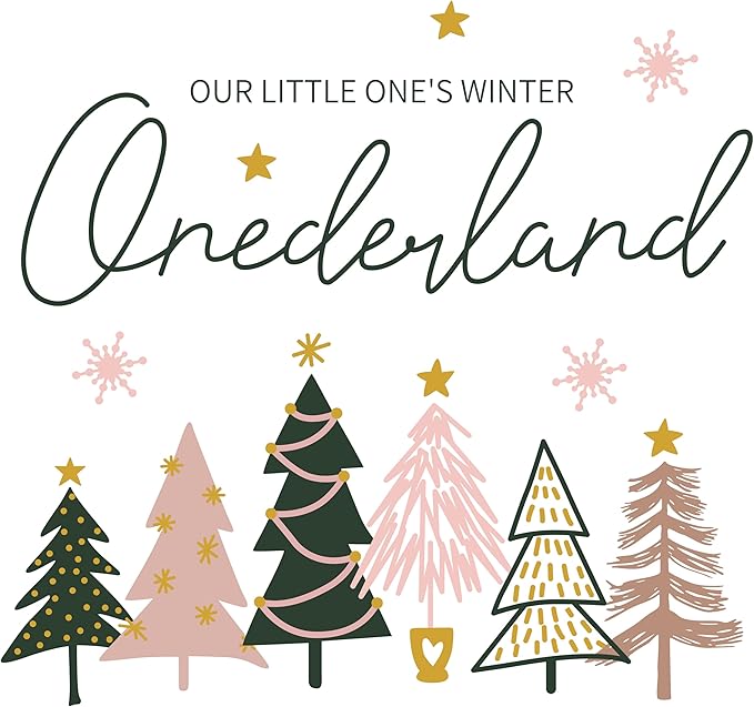 Our Little One's Winter ONEderland Decal - Winter 1st Birthday Party Decorations,Pink Green Christmas Trees Sign Stickers,Frozen Wonderland Party Wall Decals,First Snowflake Holiday Decoration