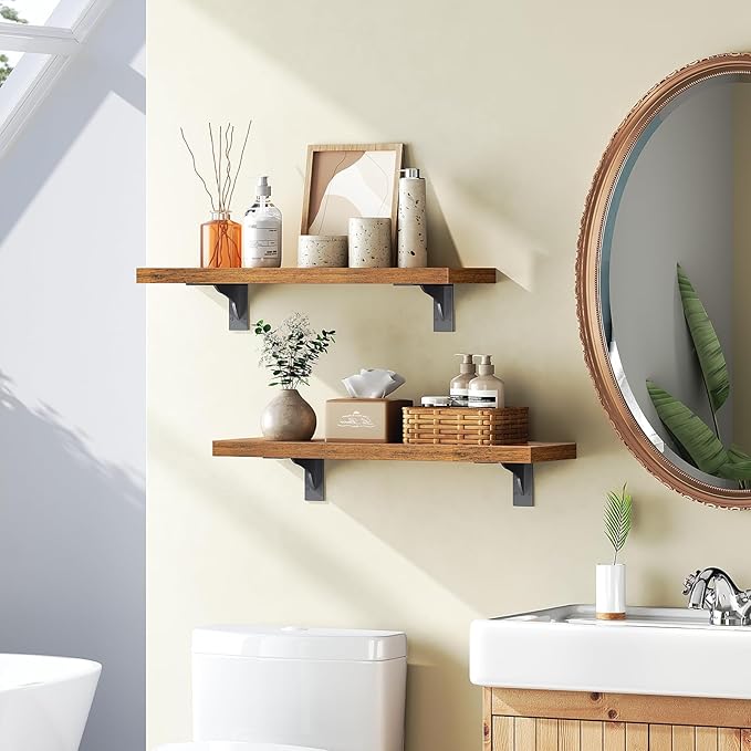 HOOBRO Floating Shelves for Wall, 15.4" Wall Mounted Shelves Set of 2, Hanging Storage Shelf with Metal Brackets, Wooden Shelf for Living Room, Bedroom, Bathroom, Rustic Brown and Black BF42BJP201G1