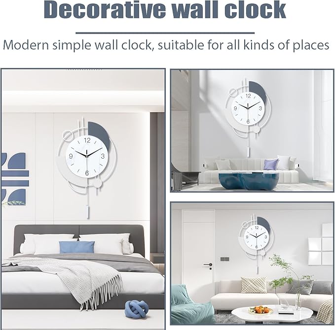 Decorative Wall Clock with Pendulum, Silent Quartz Non-Ticking Battery Operated, Large Wall Clocks for Living Room Kitchen Home Bathroom Bedroom - 16x26.5in(White)