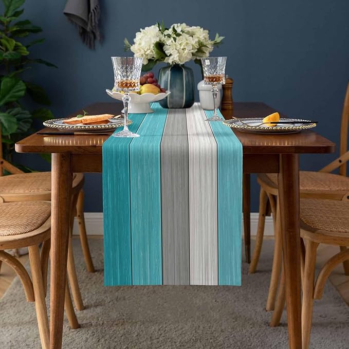 Vandarllin Farmhouse Cotton Linen Table Runner Dresser Scarf Retro Rustic Barn Wood Texture Ombre Aqua Blue Gray Non-Slip Rectangle Settings Decoration for Kitchen Home Dining Holiday, 18x72 inch