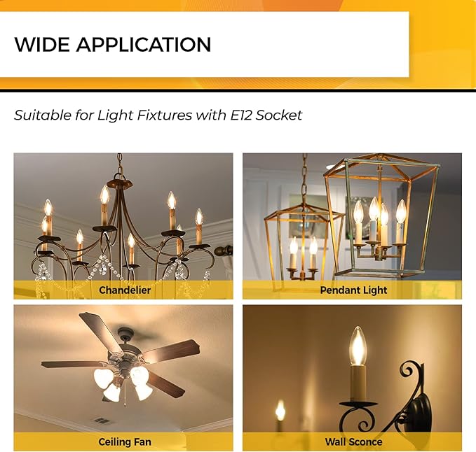 Hizashi E12 LED Bulb Dimmable 60W Equivalent, Chandelier Light Bulbs Soft White 2700K, Candelabra Light Bulbs 90+CRI 6W 550LM B11 LED Candle Bulb with Candelabra Base, UL Listed, 6 Pack