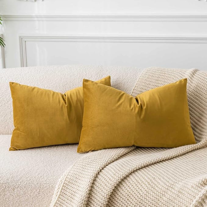 JUSPURBET Couch Pillow Covers Set of 2 Decorative Velvet Throw Pillow Covers for Living Room Bedroom Home Decor Soft Lumbar Cushion Covers with Hidden Zipper for Sofa Bed,Mustard Yellow,14x24 inch