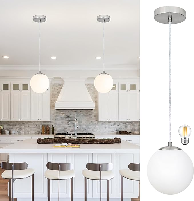 KoKo&Yukina 6 Inch Globe Pendant Light Nickel Globe Pendant Lights Kitchen Island Mid Century Light Fixture with Milky White Glass Shade for Dining Room Living Room